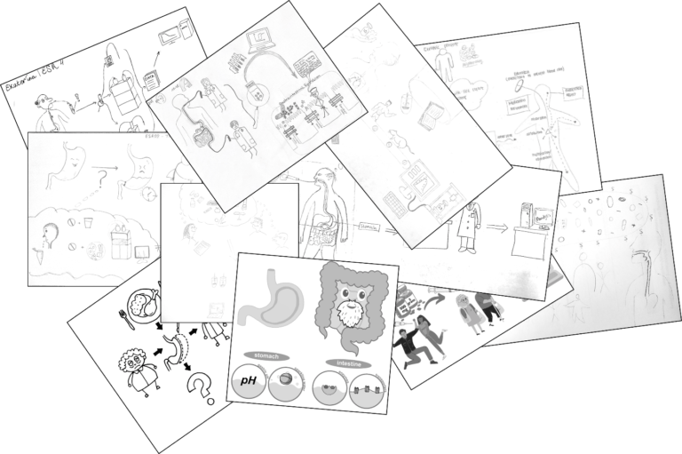 Collage of drawings about the ESRs' research projects.