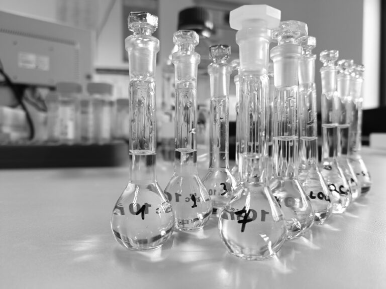 A black and white photo of a laboratory setting showing an array of glass volumetric flasks and graduated cylinders with stoppers, marked with handwritten labels. The lab equipment is arranged on a benchtop, reflecting the precision and cleanliness typical of a scientific research environment.