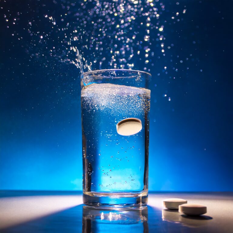 A vibrant image captures a single effervescent tablet dropping into a glass of water against a deep blue background, with dynamic bubbles and a splash of water droplets caught in motion. Two additional tablets lie beside the glass on the reflective surface, basking in the soft light.